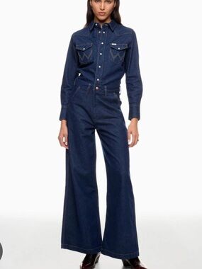 Wrangler Women's Trouser Coverall Denim Jumpsuit M Wide Leg Western Cowgirl